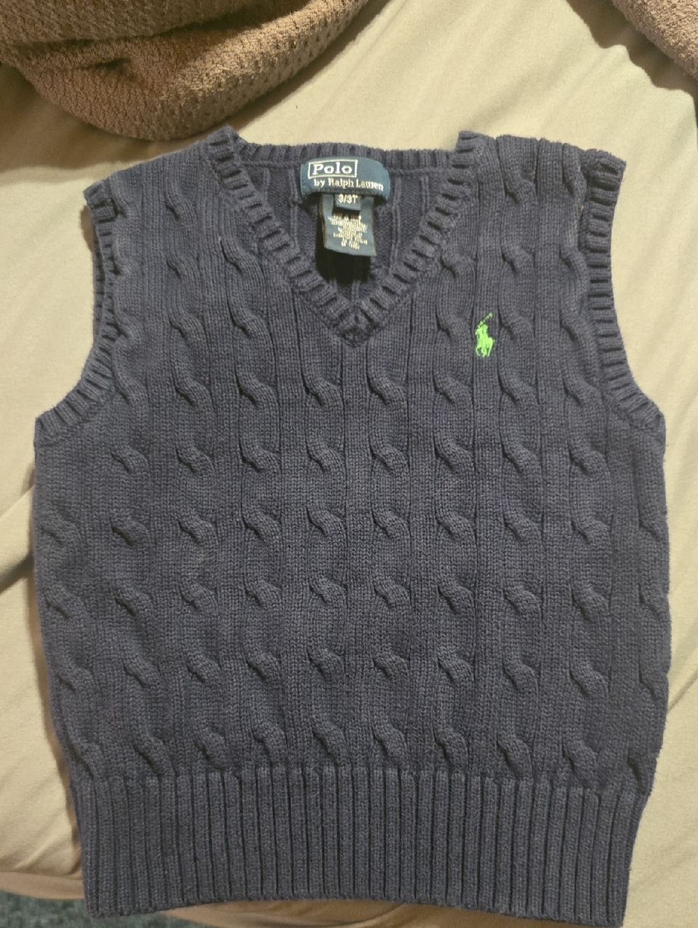 Polo by Ralph Lauren Navy Cable-Knit V-Neck Sweater Vest with Green Pony